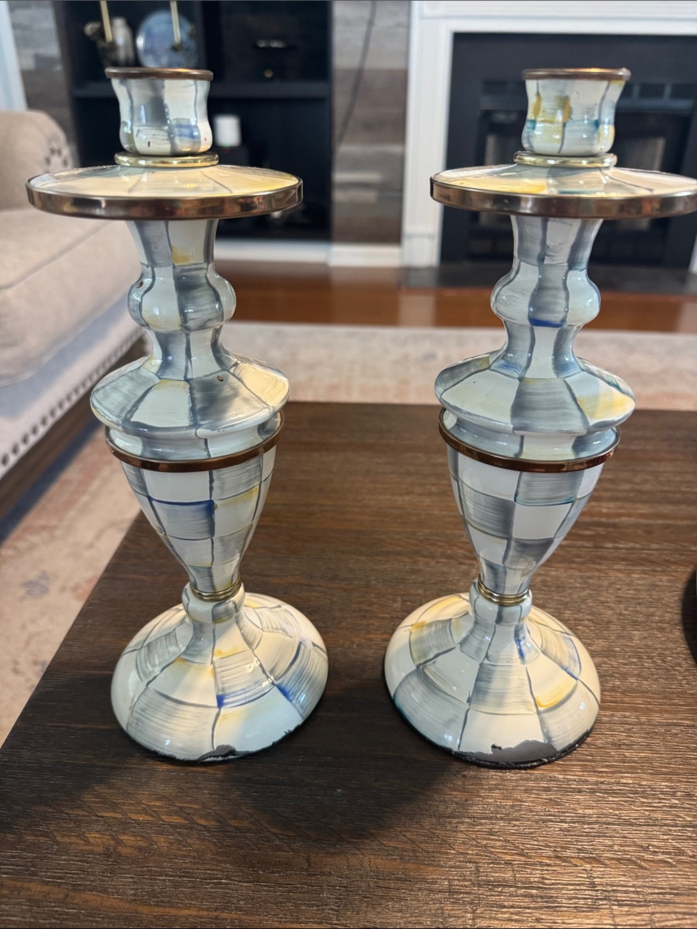 MacKenzie-Childs Blue, Cream and Gold Hand-Painted Candlestick Pair